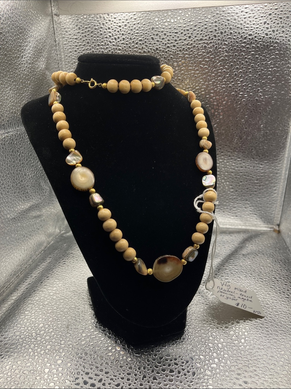 Handcrafted Natural Wood and Shell Bead Necklace - Neutral